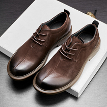Mens casual shoes British retro business shoes trend round head soft surface spring first layer cowhide shoes lace-up all-match