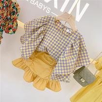 Girls summer 2021 new plaid shirt set baby Korean version of foreign style flying sleeve short sleeve two-piece set