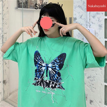 Personality butterfly print round neck short sleeve T-shirt female 2021 summer Korean tide loose top womens comfortable