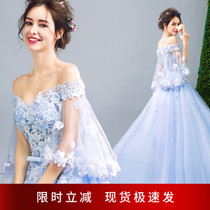 Flowers Fairy Blue Dresses Long Sleeve Brides Wedding Toast Toast Dinner Party Arts Covets Wedding Gown 257