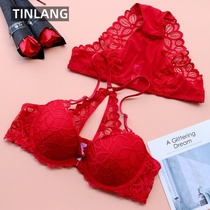 European and American French red underwear womens small breasts gather wedding bra front buckle back anti-sagging bra set Autumn