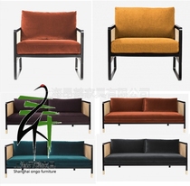 Light extravagant new Chinese bifacial rattan fabric with soft bag single double trio solid wood velvet sofa rattan sofa chair