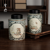 Shengshan antique blue and white ceramic tea cans sealed cans hand-painted retro tea cans coarse pottery tea sets Puer tea storage cans