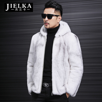 Henning mink fur coat mens leather grass whole mink white water mink jacket with cap winter fur one-piece jacket