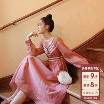 Plum ripe literary retro dress V-neck court style long-sleeved mid-length skirt female French romantic big skirt