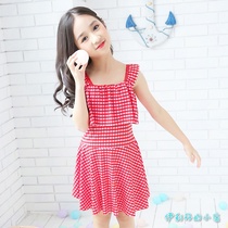 Swimwear women hot spring thin children conservative one-piece skirt flat corner middle and big children cute Primary School students Plaid size