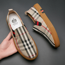 2021 new Loafer shoes mens tide summer lazy one-foot pedal casual plaid print canvas beef tendon bottom board shoes