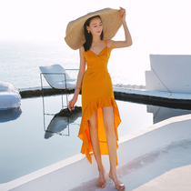 Sanya seaside resort beach dress Super fairy sexy V collar suspender long skirt yellow slim slim dress goddess