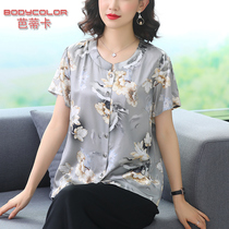 2022 new moms dress real silk blouses women print loose and noble mulberry silk short sleeve shirt in old age summer clothes