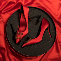 Wedding shoes women 2021 new bridal shoes red rhinestone square button high heels women thin heel black satin pointed shoes