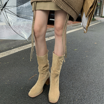 Ju love ~ catwalk style ~ pure leather Martin boots womens 2021 new mid-boots high-heeled European and American square toe fashion boots