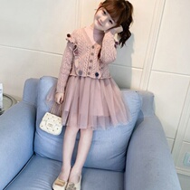 Girl Autumn Clothing Suit Autumn Winter Thickening Trendy Knit Long Sleeve Cardiovert Sweater Mesh Veil Dress dress Two sets of damp