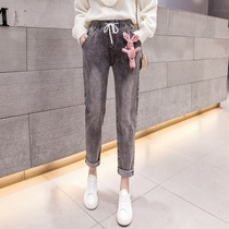 Tobacco gray jeans womens autumn model 2019 New Tide high waist slim hole straight tube casual loose Harlan trousers