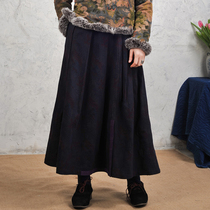 (Green fern) on the flower jacquard cotton and linen stitching fragrant cloud yarn skirt retro literary pleated long skirt