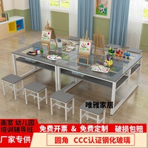 Painting table Art table Training tempered glass double-layer desks and chairs Primary school students color calligraphy learning table