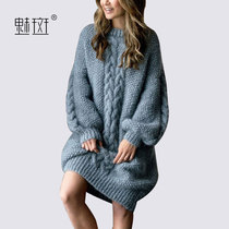 Live streaming lazy style pullover mid-length thickened sweater dress autumn winter thickened hemp loose dress