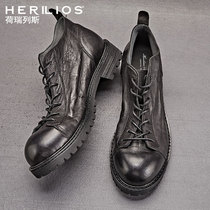 British style leather big head locomotive mens boots retro mid-help thick-soled short boots tide high-top Martin boots mens work boots