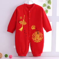 Baby cotton long-sleeved foot one-piece summer and spring newborn red crotch open-crotch harem month-old clothes