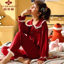 Yu one trillion Lin Pure Cotton Pyjamas Lady Spring Fall Long Sleeve Red Full Cotton Home Suit Cute Big Code Autumn Winter Suit