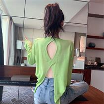 Hong Kong flavor Summer 2020 new heart machine back cross backless round neck solid color long sleeve thin sunscreen dress womens tide