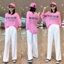 European station wide leg pants set women autumn 2021 New European fashion Foreign Air Age age age goddess fan throw pants two sets