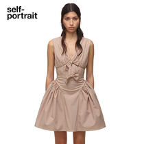 self-portrait milk tea coffee cotton poplin bow V-neck sleeveless puffy dress