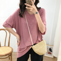 Summer new short-sleeved T-shirt womens Korean loose thin mid-length solid color lazy wind bottoming half-sleeved top tide