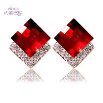 Europe America South Korea flashing diamond-shaped ruby exaggerated large earrings for bride marriage without ear piercing ear clips black square earrings