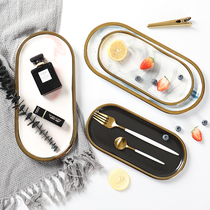 Nordic style gold edge marble tray ceramic jewelry storage plate Oval household dessert snack breakfast plate