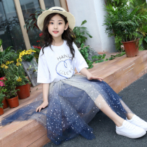 Girl fairy skirt set 2021 new fashion starry sky dress T-shirt net gauze Princess 6