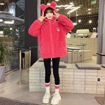 Girl lamb fluid coat autumn 2022 new foreign gas sweater with velvet thickened children's fashionable tops in winter