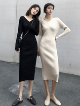 2021 autumn and winter New knitted dress slim long slim body Net red long sleeve sweater skirt women