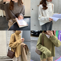 (Limited time 8fold) high-end cashmere wool wide-edge thread V-neck turtleneck knit sweater E1115