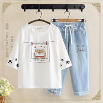 Junior high school students casual suit female 2020 new summer two-piece college style loose sports two-piece trend