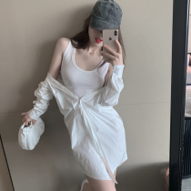 Hong Kong flavor Summer 2020 new design chic niche fake two pieces white vest dress womens coat shirt
