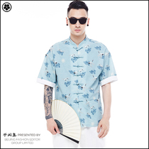 Half casual set short sleeve trendy tang suit printed crane cotton linen fashion men's young hip-hop street Chinese style coat