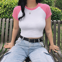European and American ins simple color shoulder slim slim high waist short navel Joker coat short sleeve T-shirt female summer tide