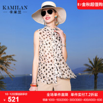 Calaman spring and summer new silk shirt female medium long polka dot print shirt sleeveless top