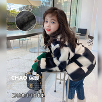 girls' coat winter 2022 new children's chess board plaid fur coat thickened fleece winter round neck top