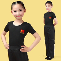 Children Latin dance costume top boy girl boy girl flag black dance practice suit short sleeve summer