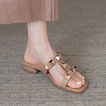 Rivet Cool Drag Woman 2023 Summer New Genuine Leather Outwear Fashion Heel Rough Heel 100 Hitch Half Slippers