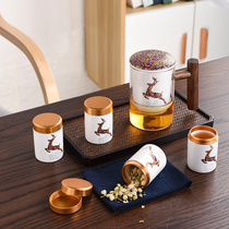 TEA WATER SEPARATION GLASS CUP CERAMIC LINER FILTER TEA CUP OFFICE WOOD HANDLE WITH CAP MARK CUP TEA LEAF JARS