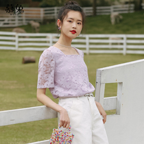Sweet purple short sleeve lace jersey woman Summer 2022 new Korean version French style square collar lock bony blouses