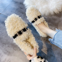 2020 autumn and winter new flat-bottomed net red lamb edamame shoes women wear curly scoop shoes with velvet thickened fluffy shoes