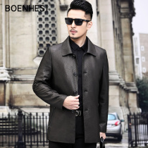 Spring and autumn Haining leather leather mens goat deer pattern leather mid-length middle-aged and elderly dad leather jacket windbreaker lapel