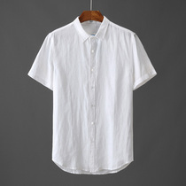 Japanese simple white pure linen male short sleeve shirt leisure youth half sleeve linen shirt shirt Summer E