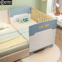 Blue solid wood adjustable high guardrail childrens bed baby baby stitching bed boy princess single bed side widening