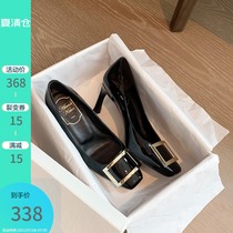 (Lv Xiaobu)Not tired feet ~ elegant ankles show thin square buckle high heels womens real leather wild thick heel shoes women