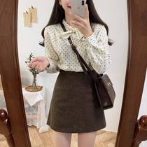 2021 Spring and Autumn New Korean Sweet Joker Bow Print Blouse Women Long Sleeve Solid Color Vest Dress Set
