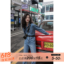 back alley 2020 new fall long sleeve tooling long pants fashion display slim received female denim blue one-piece suit